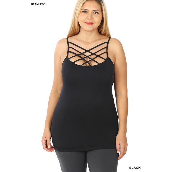 2X/3X Black Triple Criss-Cross Cami Zenana seamless plus sized camisole - Picture 1 of 10